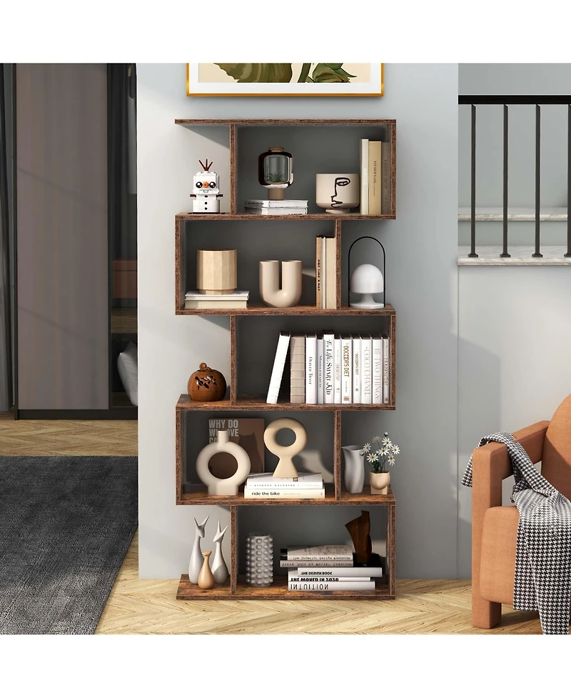 1 Pc 5-Tier Bookshelf Geometric S-Shaped Bookcase Room Divider Storage Display Shelf