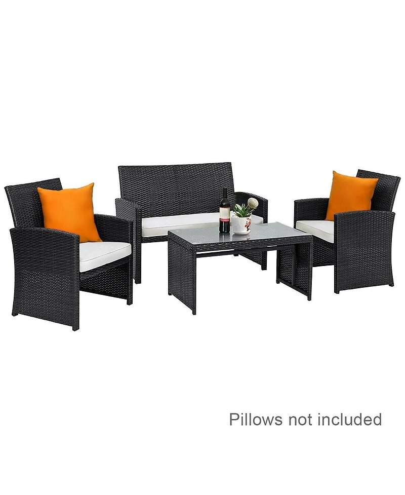 4PCS Patio Rattan Furniture Conversation Set Cushioned Sofa Coffee Table Garden