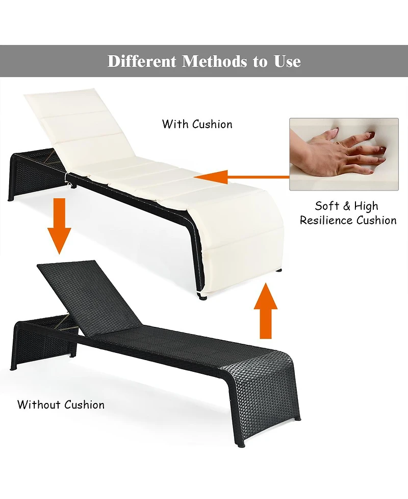 Costway Patio Rattan Lounge Chair Chaise Recliner Back Adjustable Cushioned Garden