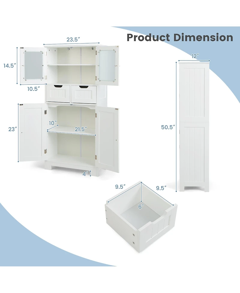Bathroom Floor Storage Cabinet Kitchen Cupboard with 2 Drawers & Glass Doors