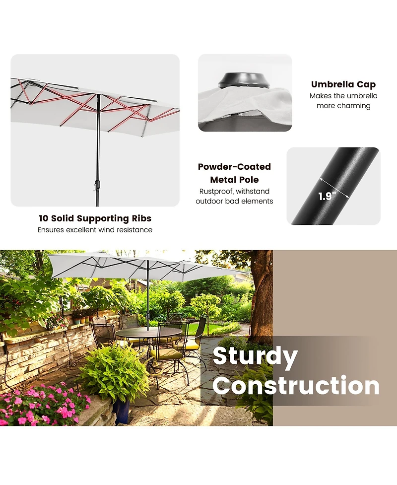 15FT Double-Sided Patio Market Umbrella Large Crank Handle Vented Outdoor Twin