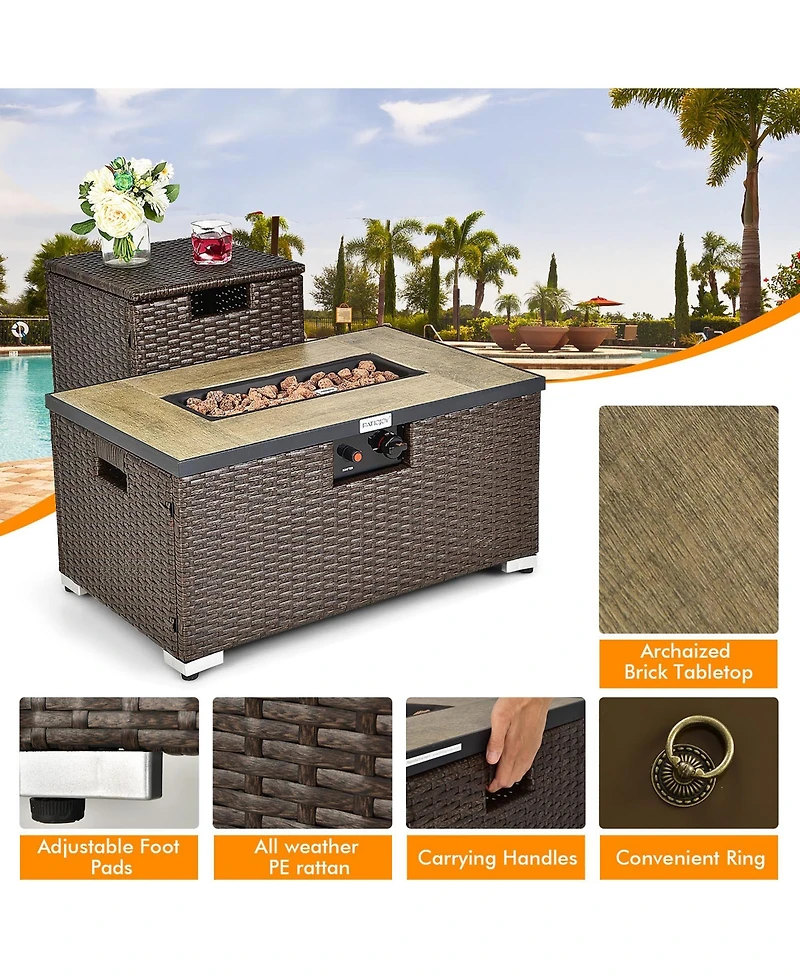 Costway 32"x 20" Propane Rattan Fire Pit Table Set with Side Tank & Cover 40,000 Btu
