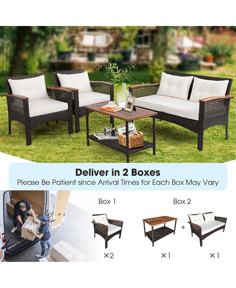 4PCS Patio Rattan Acacia Wood Furniture Set Cushion Sofa Armrest Deck