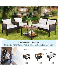 4PCS Patio Rattan Acacia Wood Furniture Set Cushion Sofa Armrest Deck