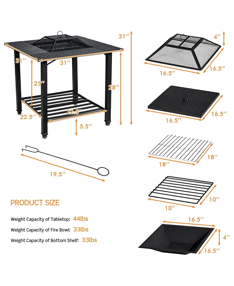 Costway 31'' Outdoor Fire Pit Dining Table Charcoal Wood Burning