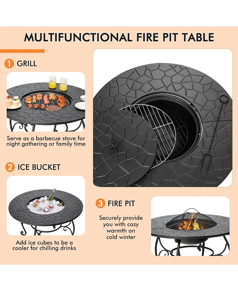 35.5'' Patio Fire Pit Dining Table Charcoal Wood Burning W/ Cooking Bbq Grate