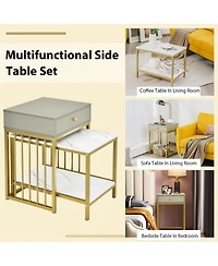 Set of 2 Nesting Coffee Table Drawer Shelf Modern Sofa Side Table Steel Frame