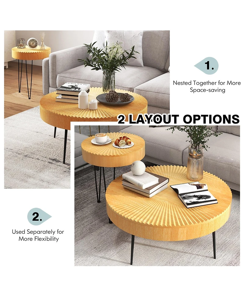 Costway Farmhouse Round Coffee Table Set of 2 End Table Natural Finish for Living Room