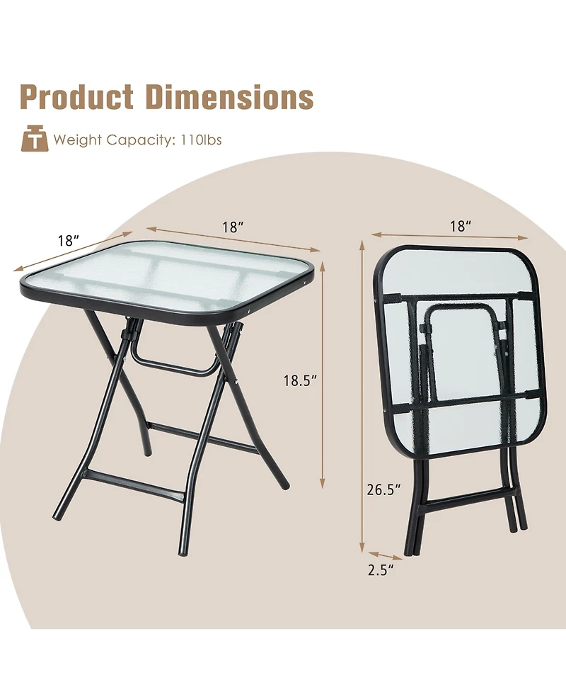 Costway Patio Folding Square Glass Side Table Bistro Coffee Table Plant Stand