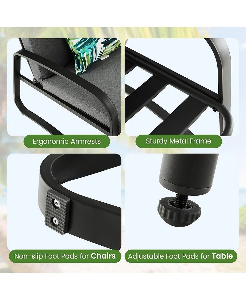 Costway 3pcs Patio Bistro Conversation Set Dpc Tabletop Metal Cushioned Chairs Outdoor