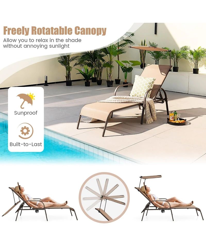 Costway Patio Heavy-Duty Chaise Lounge 5-Level Adjustable Outdoor Recliner Canopy Cup