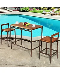 Costway 3 Pcs Patio Rattan Wicker Bar wood Table Chair Outdoor