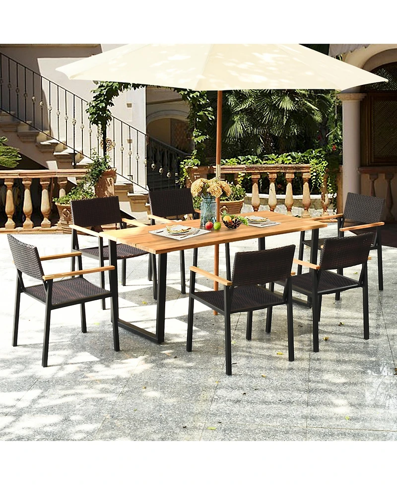 Gymax Patented 7PCS Patio Garden Dining Set Outdoor Dining Furniture Set w/ Umbrella Hole