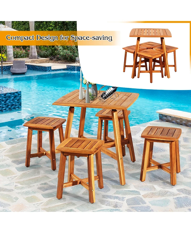 Costway 5PCS Acacia Patio Dining Set W/Square Table & 4 Stools Reddish