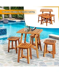 Costway 5PCS Acacia Patio Dining Set W/Square Table & 4 Stools Reddish