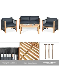 Gymax 4PCS Acacia Wood Outdoor Patio Furniture Set Cushioned Sofa W/Nylon Rope Armrest