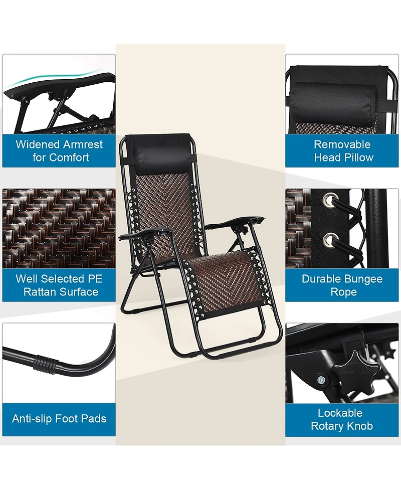 2PCS Patio Rattan Zero Gravity Lounge Chair Folding Recliner Headrest