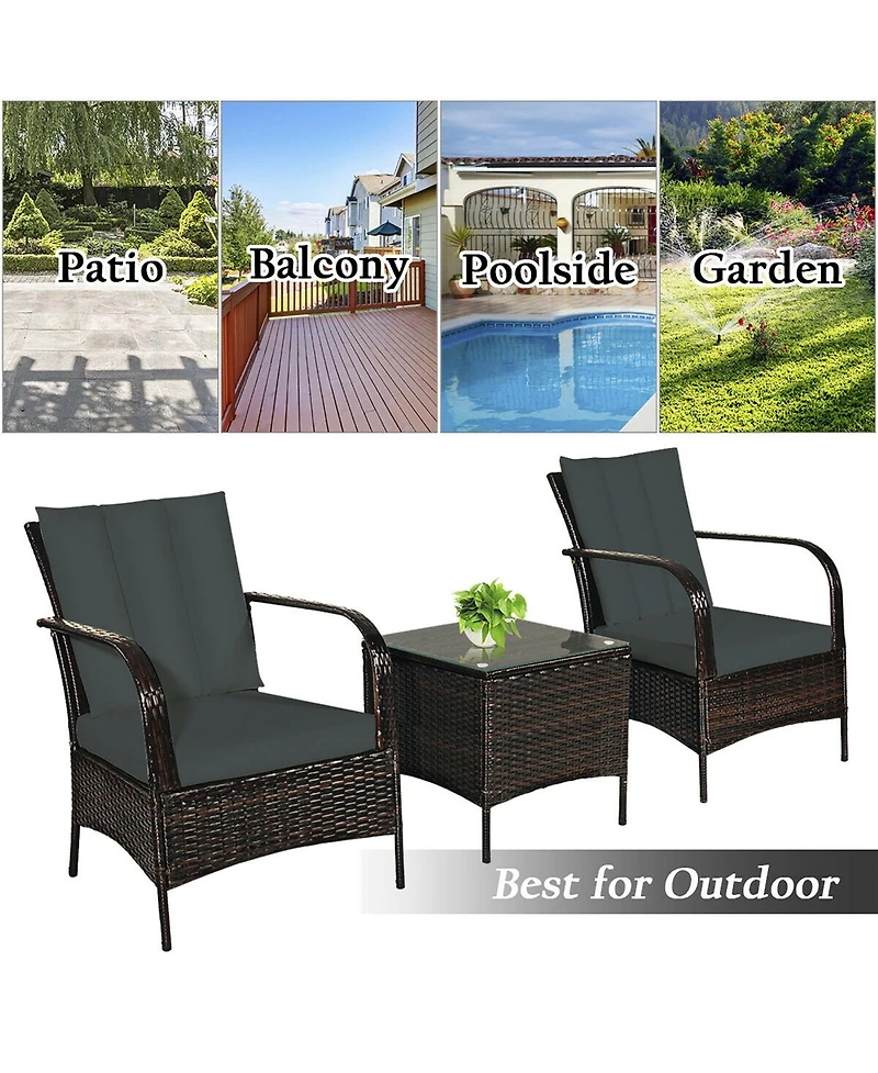 Costway 3 Pcs Patio Wicker Rattan Furniture Set Coffee Table & 2 Chair