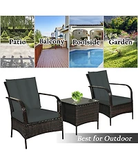 Costway 3 Pcs Patio Wicker Rattan Furniture Set Coffee Table & 2 Chair