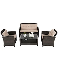 Gymax 4pcs Patio Rattan Conversation Set Cushioned Outdoor Furniture Set