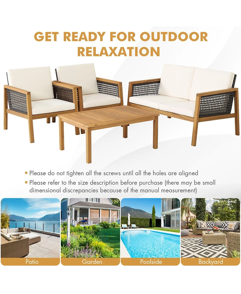 Gymax 4PCS Patio Acacia Wood Furniture Set Pe Rattan Conversation Set with Off White Cushions