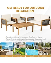 Gymax 4PCS Patio Acacia Wood Furniture Set Pe Rattan Conversation Set with Off White Cushions