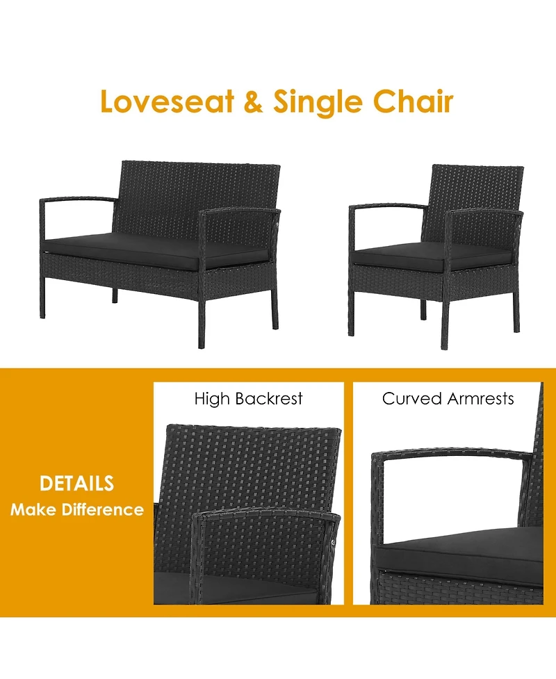 Gymax 4PCS Rattan Patio Conversation Furniture Set Outdoor Sofa Set w/ Black Cushions