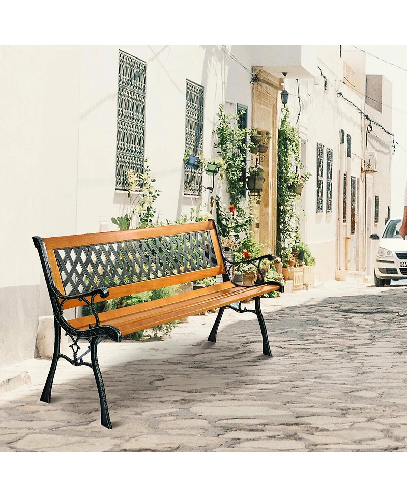 Costway 49 1/2'' Patio Park Garden Bench Porch Path Chair Outdoor Deck Cast Iron Hardwood