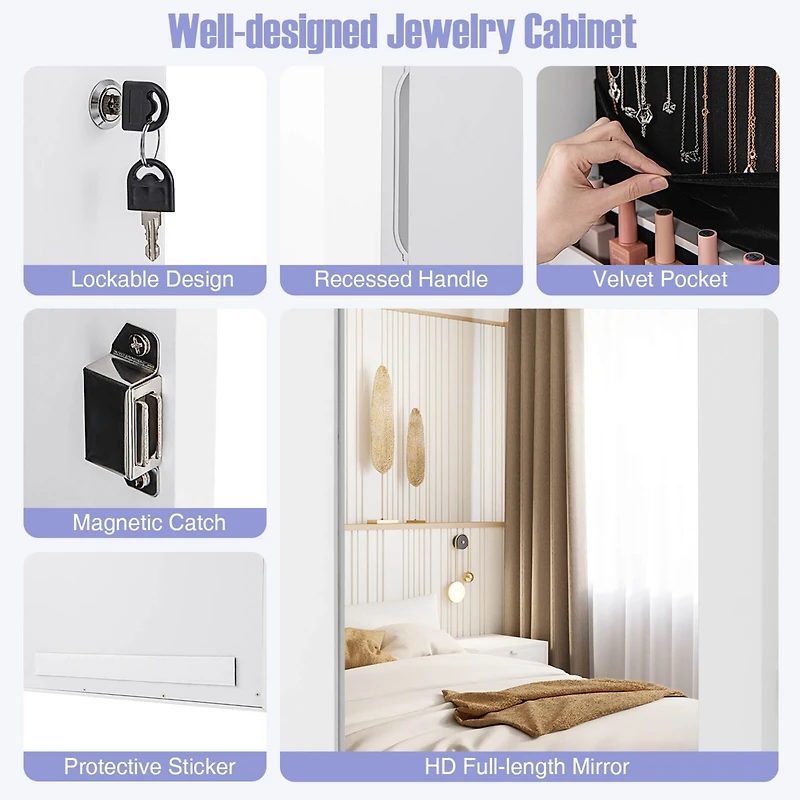 Costway Wall Mount Mirrored Jewelry Cabinet Organizer Led Lights