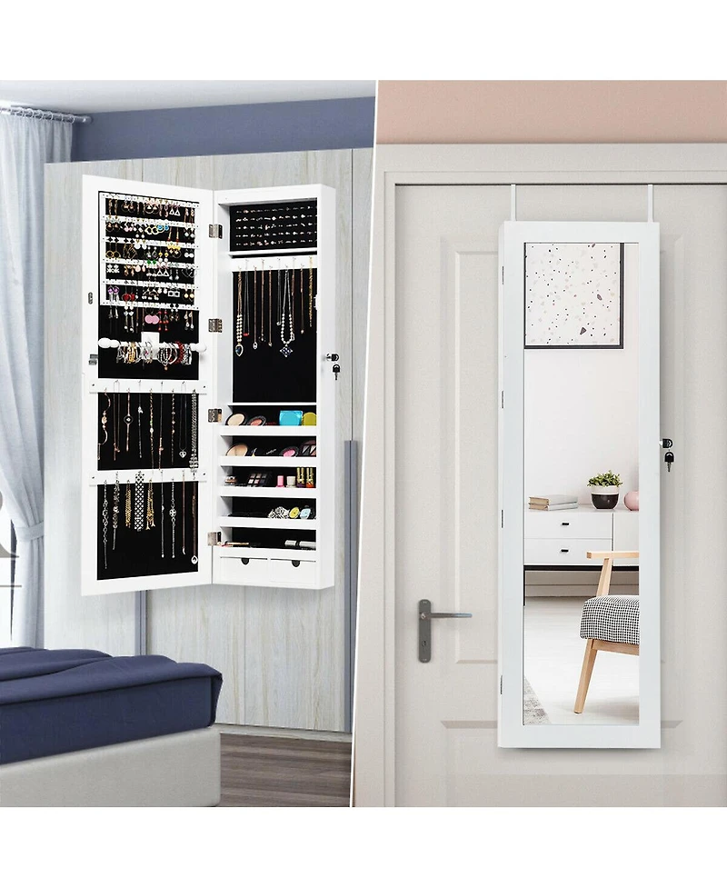 Costway Wall Mounted Mirrored Jewelry Cabinet Organizer w/Led Lights