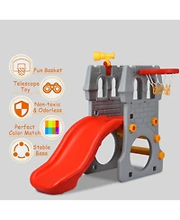 Costway Children Castle Slide Play Slide with Basketball Hoop and Telescope Toy
