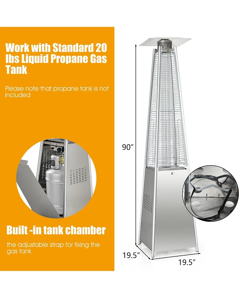 90'' Tall Pyramid Patio Heater Quartz Glass Tube Flame Heating 42000 Btu