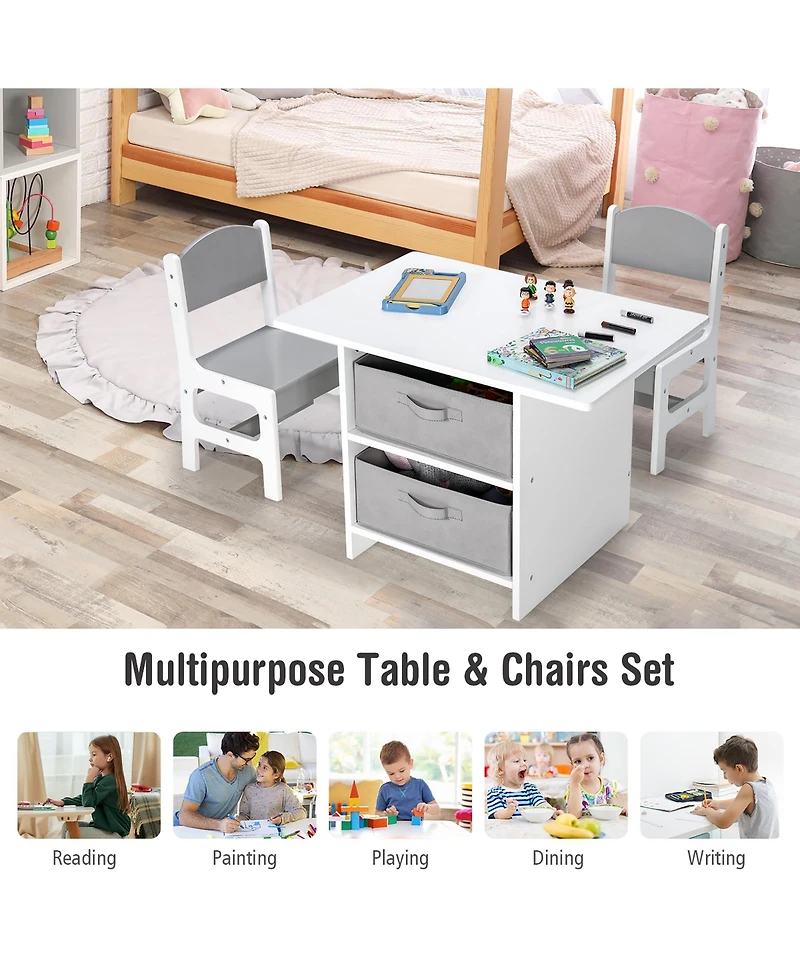 Costway Kids Art Play Wood Table and 2 Chairs Set w/ Storage Baskets Puzzle