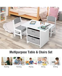 Costway Kids Art Play Wood Table and 2 Chairs Set w/ Storage Baskets Puzzle