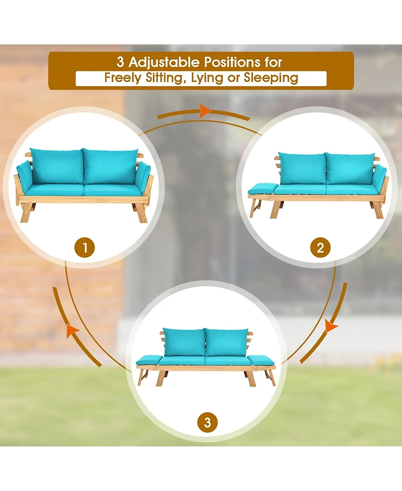Costway Patio Convertible Sofa Daybed Solid Wood Adjustable Thick Cushion