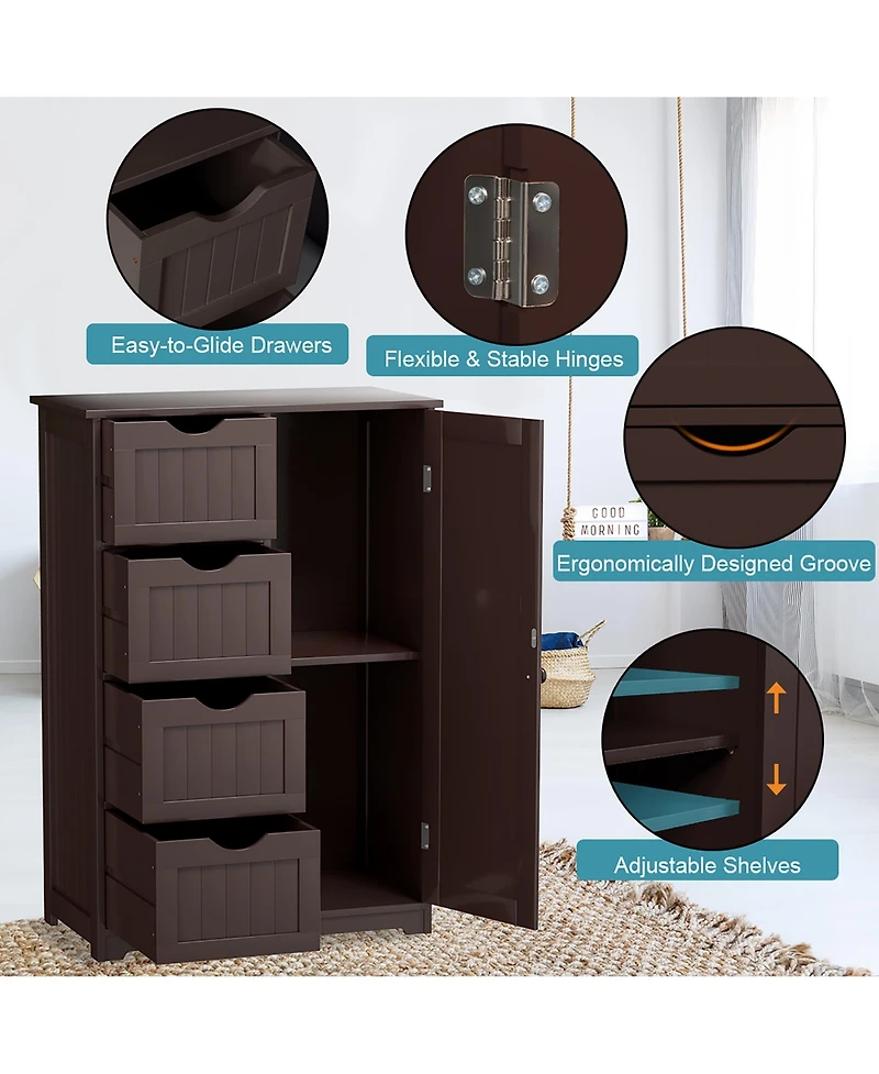 Wooden 4 Drawer Bathroom Cabinet Storage Cupboard 2 Shelves Free Standing