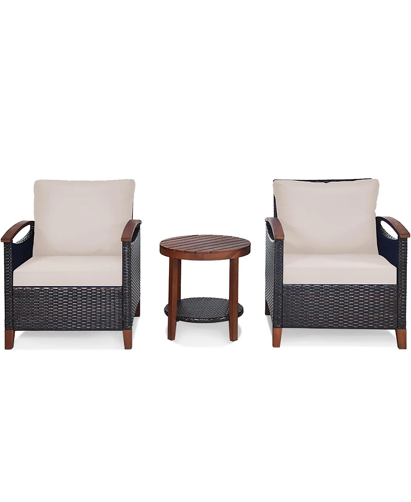 3PCS Patio Rattan Furniture Set Wooden Frame Cushion Table Shelf