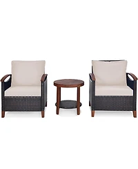 3PCS Patio Rattan Furniture Set Wooden Frame Cushion Table Shelf