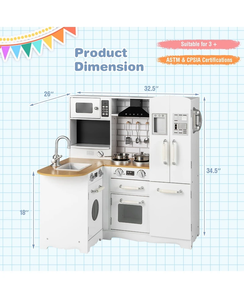 Sugift Wooden Kid's Corner Kitchen Playset with Stove for Toddlers