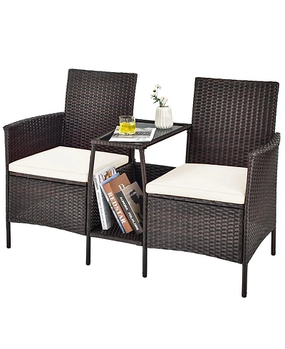 Sugift Rattan Patio Conversation Set Cushioned with Glass Table