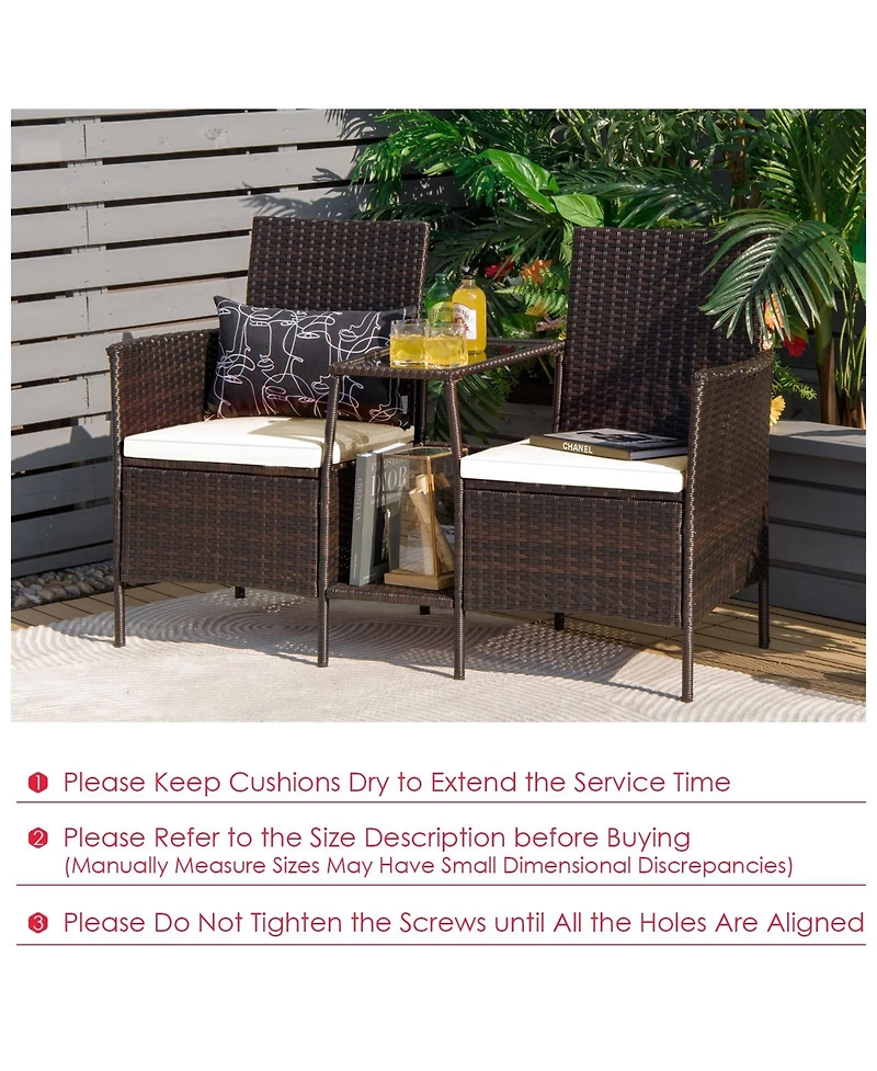 Sugift Rattan Patio Conversation Set Cushioned with Glass Table