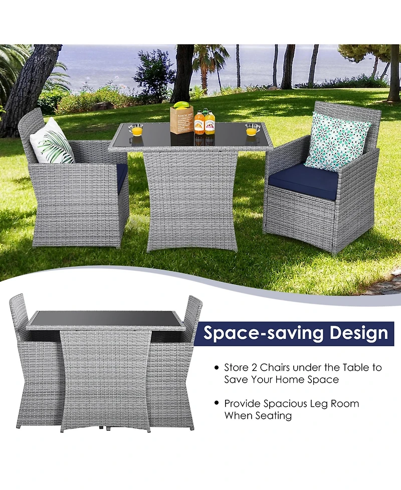 Gymax 3PCS Outdoor Rattan Conversation Set Patio Dining Table Set w/ Navy Cushions