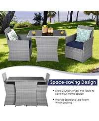 Gymax 3PCS Outdoor Rattan Conversation Set Patio Dining Table Set w/ Navy Cushions