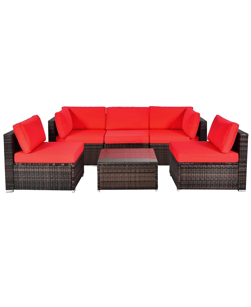 Gymax 6PCS Rattan Outdoor Sectional Sofa Set Patio Furniture Set w/ Red Cushions