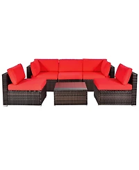Gymax 6PCS Rattan Outdoor Sectional Sofa Set Patio Furniture Set w/ Red Cushions