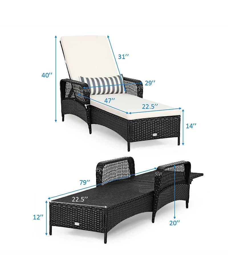 Gymax Set of 2 Adjustable Patio Rattan Lounge Chair Chaise Recliner w/ Cushion & Pillow