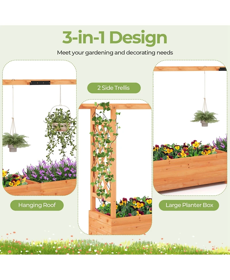 1 Pcs Raised Garden Bed with Trellis Hanging Roof Planter Box Drainage Holes for Patio