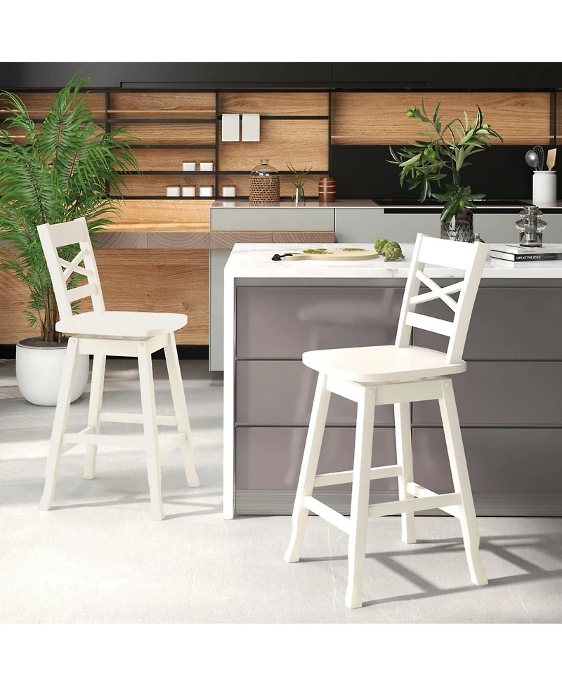 2 Pcs 24" Counter Height Stool Rubber Wood Swivel Bar with Inclined Backrest
