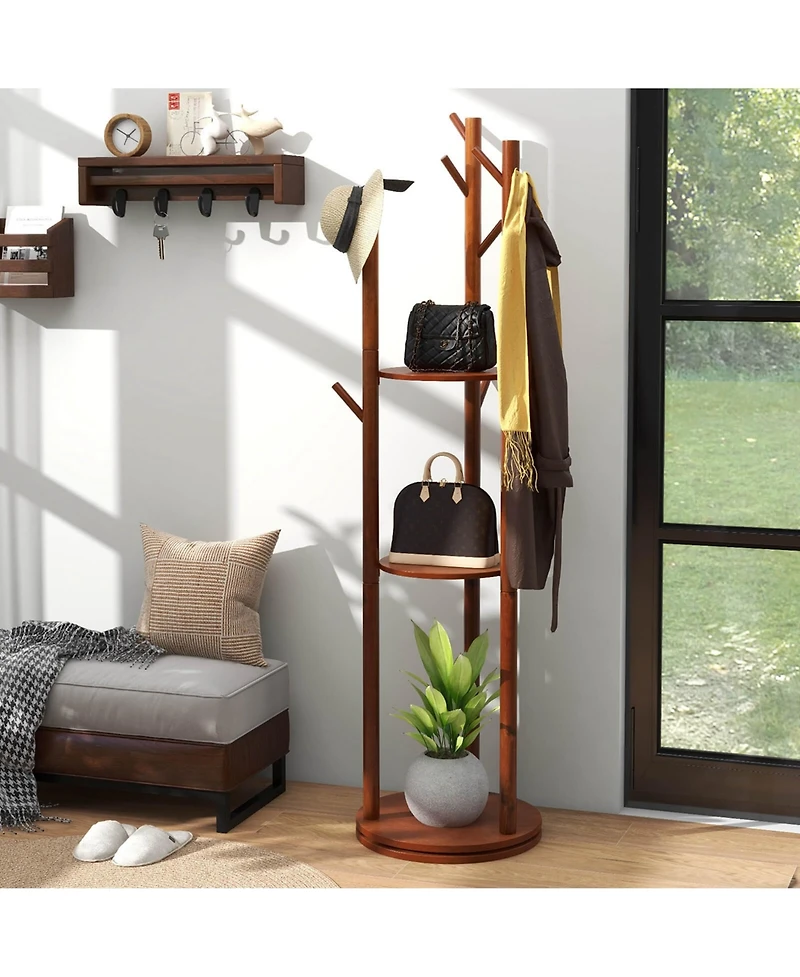 Freestanding Wooden Coat Tree 360° Rotary Coat Rack with 3 Display Storage Shelves
