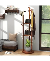 Freestanding Wooden Coat Tree 360° Rotary Coat Rack with 3 Display Storage Shelves